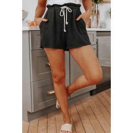 Black Paperbag Waist Drawstring Linen Blend Casual Shorts Black Paperbag Waist Drawstring Linen Blend Casual Shorts