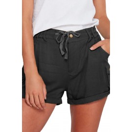 Black Mid Waist Pocket Drawstring Buttons Straight Leg Shorts Black Mid Waist Pocket Drawstring Buttons Straight Leg Shorts
