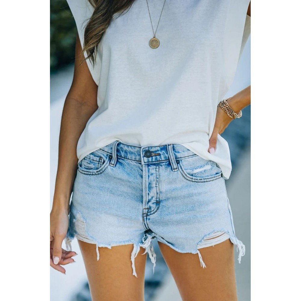 Sky Blue High Waist Distressed Washed Denim Shorts Sky Blue High Waist Distressed Washed Denim Shorts
