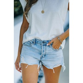Sky Blue High Waist Distressed Washed Denim Shorts Sky Blue High Waist Distressed Washed Denim Shorts