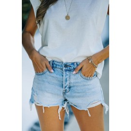 Sky Blue High Waist Distressed Washed Denim Shorts Sky Blue High Waist Distressed Washed Denim Shorts