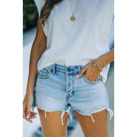 Sky Blue High Waist Distressed Washed Denim Shorts Sky Blue High Waist Distressed Washed Denim Shorts