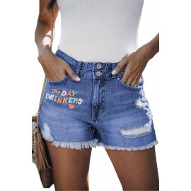 Letters Print Raw Cuffs Denim Shorts Letters Print Raw Cuffs Denim Shorts