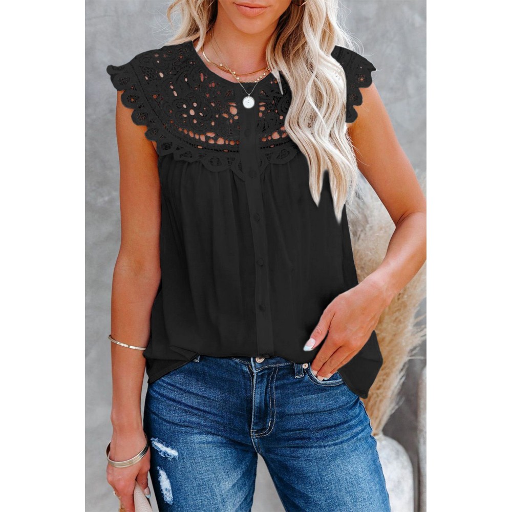 Black Lace Splicing Crew Neck Sleeveless Buttoned Shirt Black Lace Splicing Crew Neck Sleeveless Buttoned Shirt