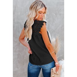 Black Lace Splicing Crew Neck Sleeveless Buttoned Shirt Black Lace Splicing Crew Neck Sleeveless Buttoned Shirt