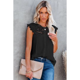 Black Lace Splicing Crew Neck Sleeveless Buttoned Shirt Black Lace Splicing Crew Neck Sleeveless Buttoned Shirt