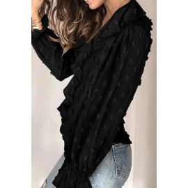 Black Bubble Sleeve V Neck Ruffles Fuzzy Polka Dot Blouse Black Bubble Sleeve V Neck Ruffles Fuzzy Polka Dot Blouse