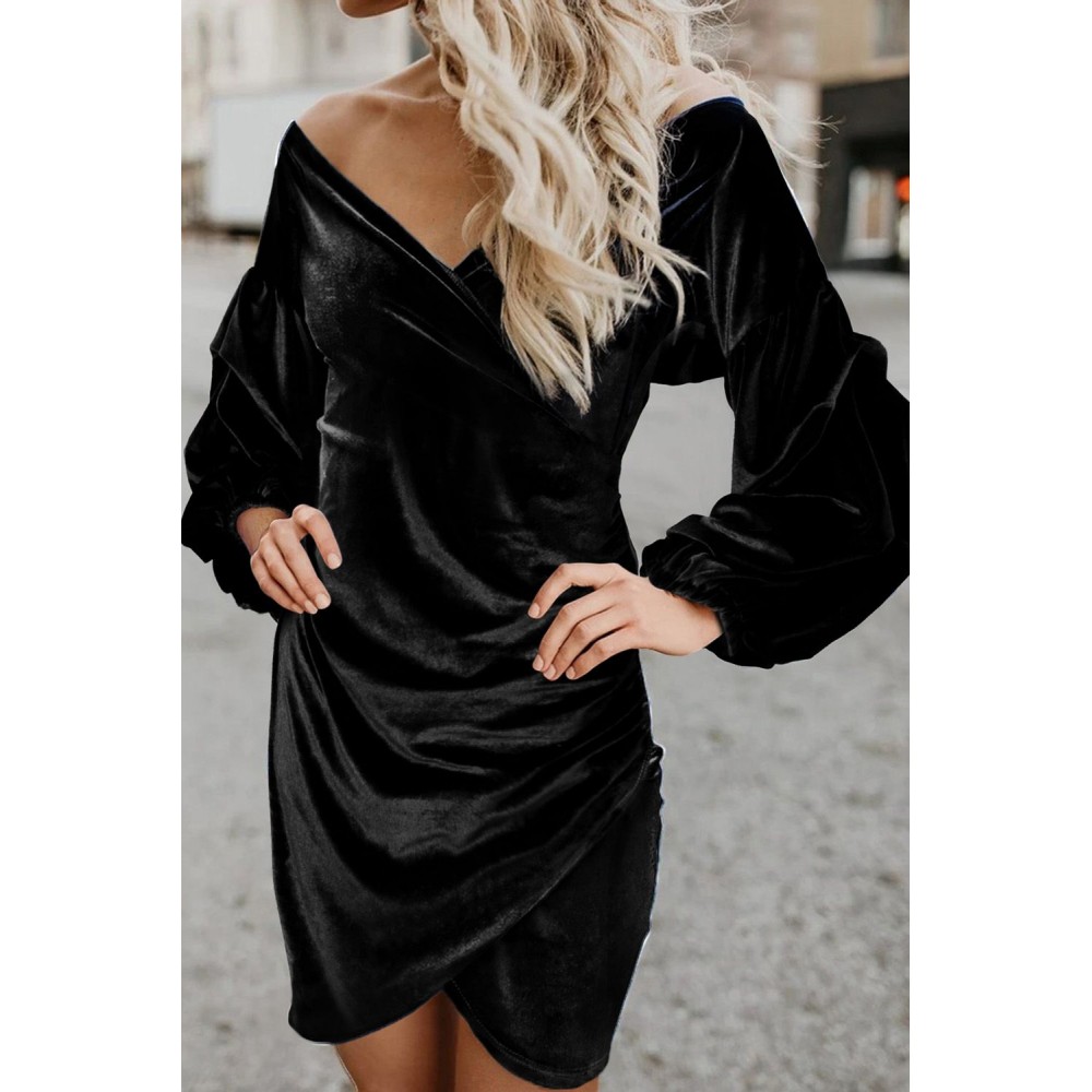 Black Puff Sleeve Off Shoulder Wrap Bodycon Velvet Dress Black Puff Sleeve Off Shoulder Wrap Bodycon Velvet Dress