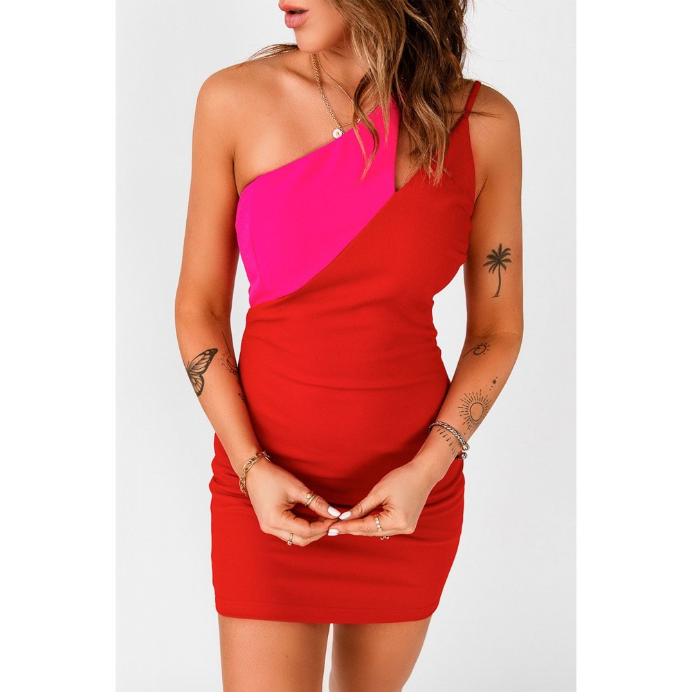 Red Cut-out Color Block One Shoulder Bodycon Dress Red Cut-out Color Block One Shoulder Bodycon Dress
